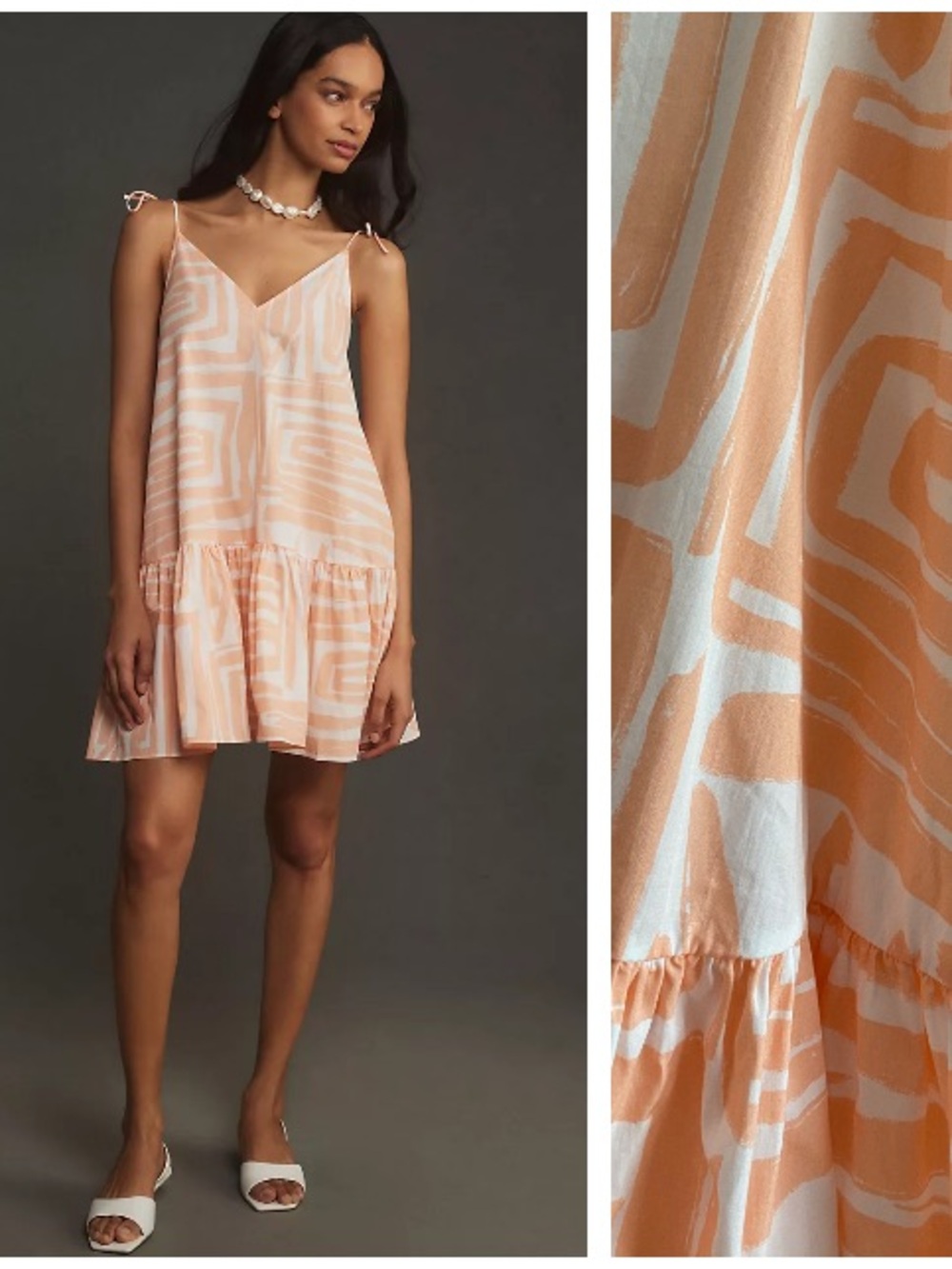 Anthropologie Maeve Melon Orange Print Sleeveless Flounce Swing Mini Dress Med